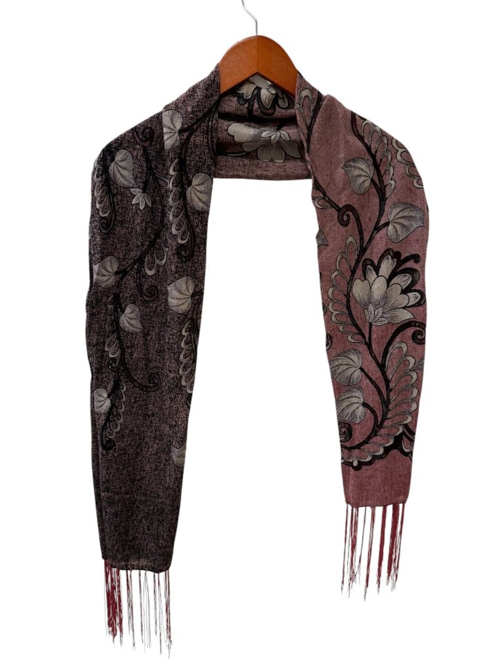 Floral Pattern Fringe Scarf – Mauve / Plum Tones – 60” x 16”